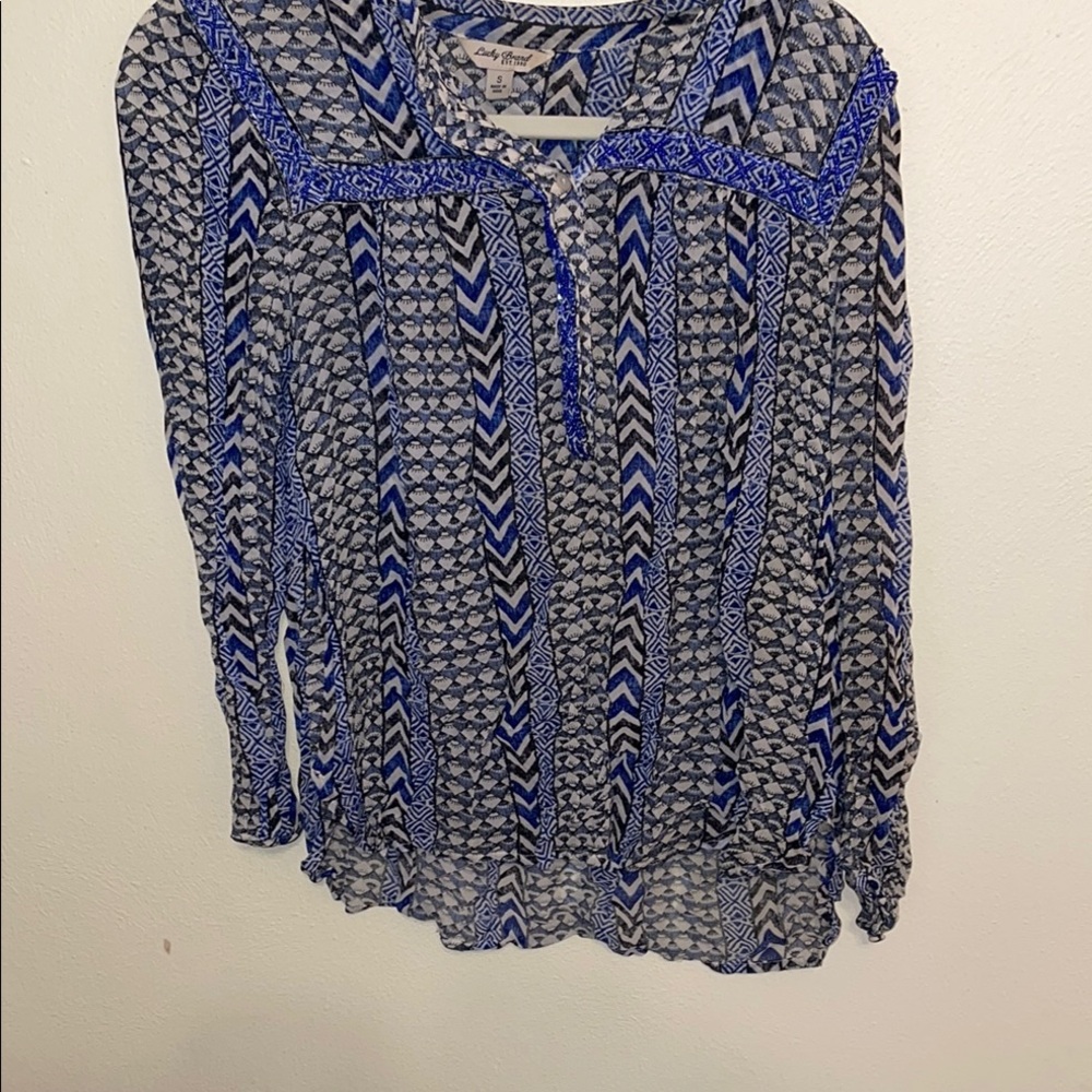 Lucky Brand Blue and White Buttoned Bib Collar Blouse